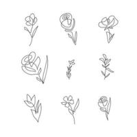 conjunto de flores de una línea de vector. arte de línea minimalista. dibujado a mano contorno continuo. ilustraciones de una línea para una decoración elegante en la pared o en la tarjeta de felicitación vector