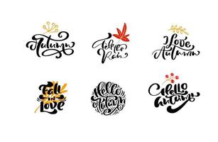 paquete conjunto de frases de otoño de caligrafía de vector con elementos otoñales. dibujado a mano letras ilustración aislada para tarjeta de felicitación. perfecto para vacaciones, día de acción de gracias