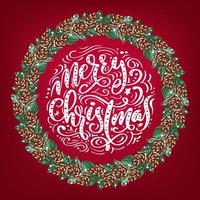 Realistic Christmas vector wreath with red berries on evergreen branches and text Merry Christmas. mas illustration for greeting card