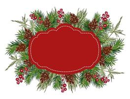 Christmas vector greeting card frame with place for your text. Realistic Looking Tree Branches Decorated with Berries and Cones