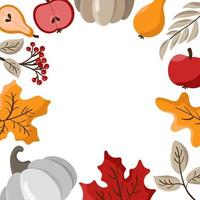 Autumn leaves, fruits, berries and pumpkins border frame background with space text. Seasonal floral maple oak tree orange leaves for Thanksgiving Day vector