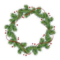 New year and Christmas wreath. winter garland with red holly berries on green branches, isolated on white background. Greeting card. Happy xmas vector retro holiday design