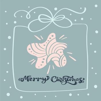 Merry Christmas calligraphic text. Christmas background with xmas star, frame box and other elements. Vector template for greeting card with place for text. Winter frame isolated