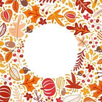 Autumn leaves, berries and pumpkins border frame background with space text. Seasonal floral maple oak tree orange leaves for Thanksgiving Day vector