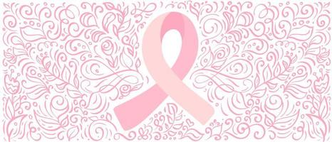 Stylized pink vector banner ribbon of Breast Canser for October is Cancer Awareness Month. Calligraphy illustration on pink flourish background