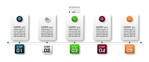 5 steps in the presentation to explain the work process in square shape design. vector infographic.