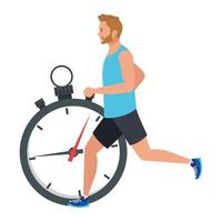 Hombre corriendo con cronómetro, hombre en ropa deportiva para correr, atleta masculino con cronómetro sobre fondo blanco.