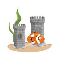 Acuario de la torre del castillo con peces y algas sobre fondo blanco. vector