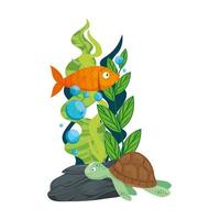 sea underwater life, tortoise and fish with seaweed on white background vector