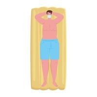 man in shorts blue color, wearing medical mask in lying down on inflatable float, covid 19 summer vacation vector