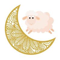 eid celebration ornament on white background, moon with sheep vector