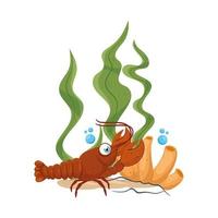 sea underwater life, lobster with seaweed and coral on white background vector