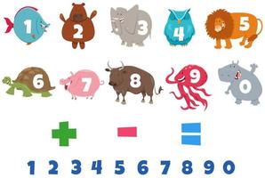 numbers set with cartoon animal characters vector