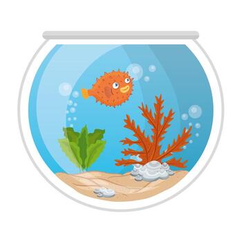 aquarium blowfish with water, seaweed, aquarium marine pet vector