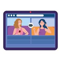 fiesta en línea, las mujeres tienen fiesta en línea juntas en cuarentena, cámara web de fiesta vacaciones en línea en tableta vector