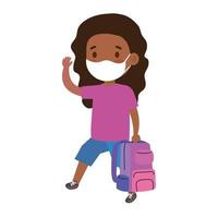 linda chica estudiante afro con máscara médica para prevenir el coronavirus covid 19 con mochila escolar vector