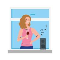 woman having party on window, isolated icon vector