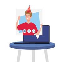 man with party hat at laptop on table vector design