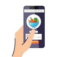 Hand holding smartphone with salad bowl vector design