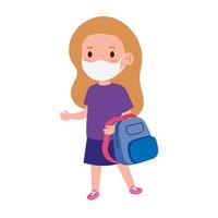 cute girl student wearing medical mask to prevent coronavirus covid 19 with school bag vector