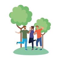 Woman and men avatars at park with trees vector design