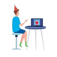 man with party hat and boy on laptop vector design