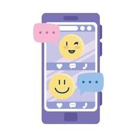 happy emojis and bubbles on smartphone vector design