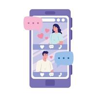 Woman and man in smartphone with chatting bubbles vector design