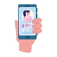 Hand holding smartphone with woman and chatting bubble vector design