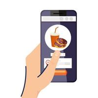 Hand holding smartphone with donuts vector design