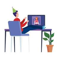 man with party hat and woman on computer vector design