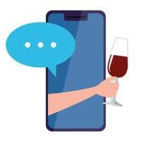 Mano con copa de vino en smartphone, concepto de fiesta online sobre fondo blanco. vector