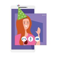 woman with party hat and wine cup on smartphone vector design