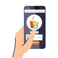 Hand holding smartphone with french fries vector design