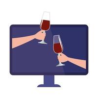 Manos con copas de vino en la computadora, concepto de fiesta online sobre fondo blanco. vector