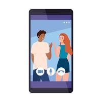 Woman and man backwards on smartphone in video chat vector design