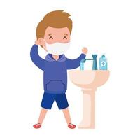 prevent covid 19, wearing medical mask, wash your hands, boy wearing protective mask vector