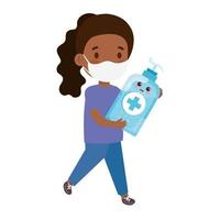 cute girl afro wearing medical mask to prevent coronavirus covid 19 with cute bottle disinfection and sanitizer bottle vector