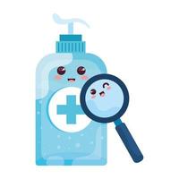 bottle disinfection and sanitizer bottle, with cute magnifying glass kawaii style vector