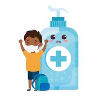 student boy afro wearing medical mask to prevent coronavirus covid 19 with cute bottle disinfection and sanitizer bottle vector