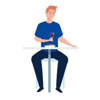 man sitting in chair, with food in table, on white background vector