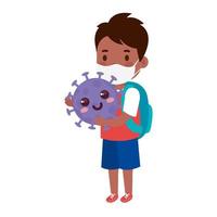 lindo chico afro con máscara médica para prevenir el coronavirus covid 19 con cartón coronavirus emoji vector