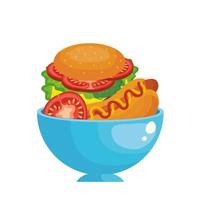 Hamburguesa hot dog y tomate dentro de diseño vectorial de tazón vector