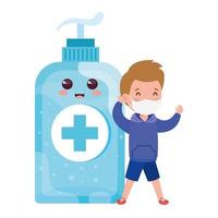 cute boy wearing medical mask to prevent coronavirus covid 19 with cute bottle disinfection and sanitizer bottle vector