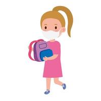 cute girl student wearing medical mask to prevent coronavirus covid 19 with school bag vector