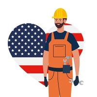 Hombre constructor con casco y diseño de vector de corazón de bandera de Estados Unidos