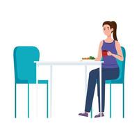 woman sitting in chair, with food in table, on white background