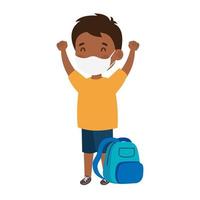 cute student boy afro wearing medical mask to prevent coronavirus covid 19 with school bag vector