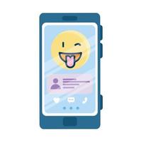 happy wink emoji and chat on smartphone vector design