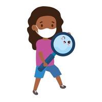 linda chica afro con máscara médica para prevenir el coronavirus covid 19 con linda lupa vector